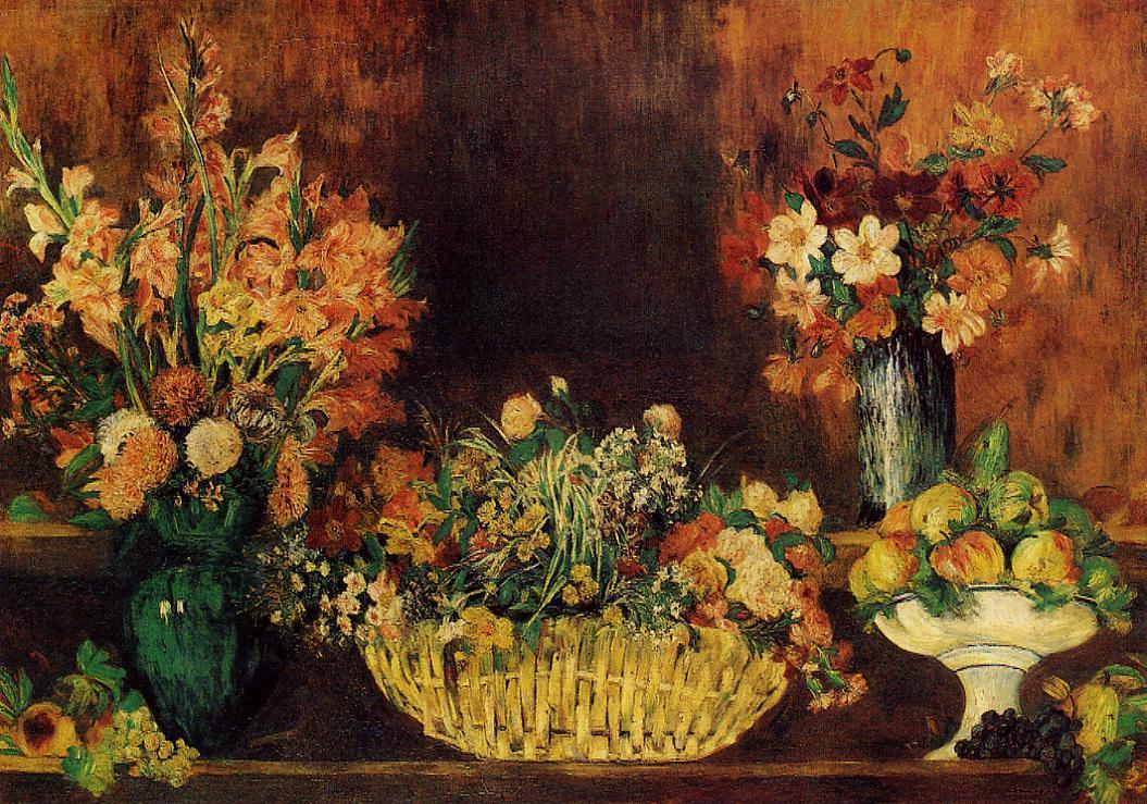 Vase, Basket of Flowers and Fruit - Pierre-Auguste Renoir painting on canvas